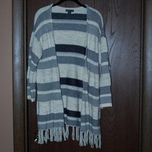 American Living OffWhite/Blue Striped Fringe Cardi